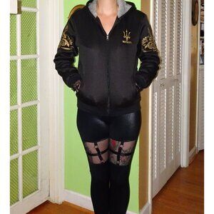 Black Maserati Jacket w/ Hood Women's M or Men's S gold brocade detail